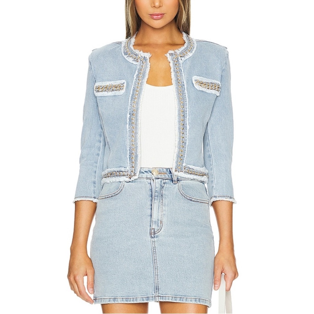 Generation Love Kenzie Light Blue Jean Jacket with Fringe and gold detail.